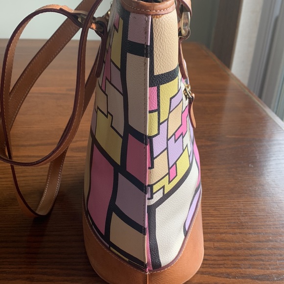 Italian Mondrian style leather yellow/pink/mauve tan straps trim bucket bag EUC - Picture 4 of 9